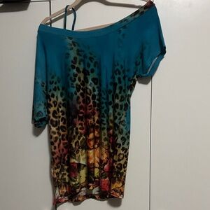 Joseph Ribkoff Teal and Multicolor Off-Shoulder Blouse